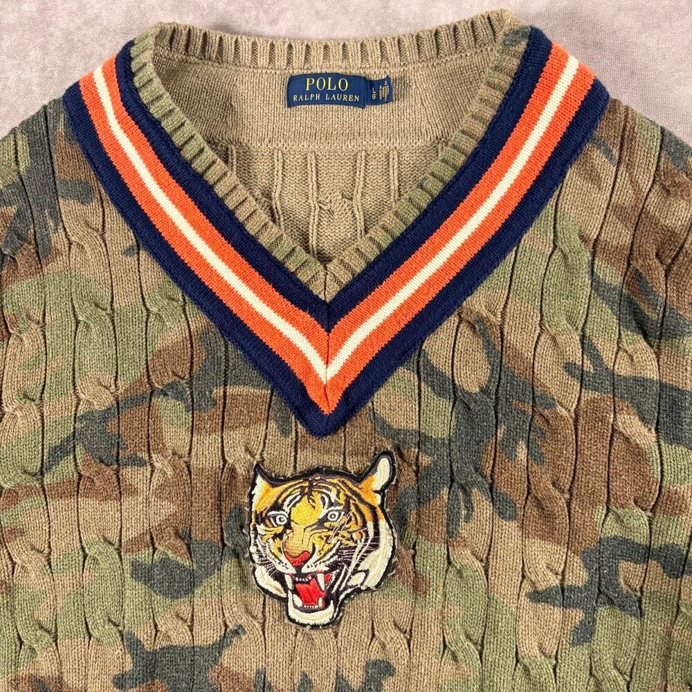 vintage polo ralph lauren camo varsity cable knit sweater - Picture 3 of 7